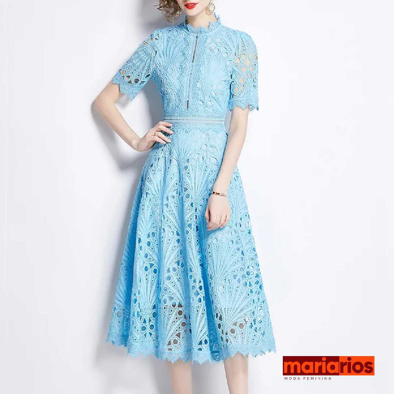 Vestido Maria Lauren - Renda Guipir - Azul Claro