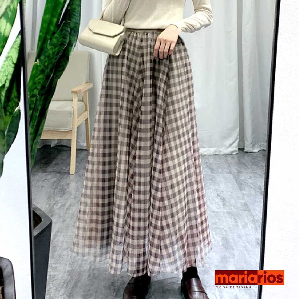 Saia Maria Filipa - Azul - Tule Xadrez