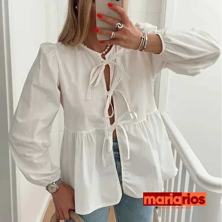 Blusa Puffer Laços - Branca - Manga Longa