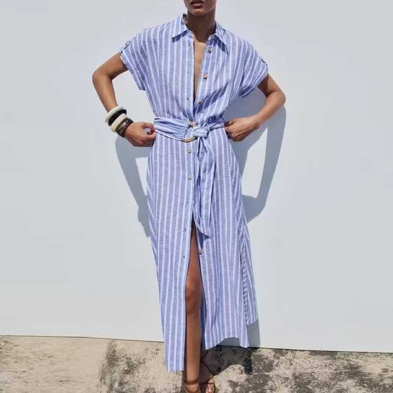 Vestido Listrado Maria Olina - Azul Claro - Linho