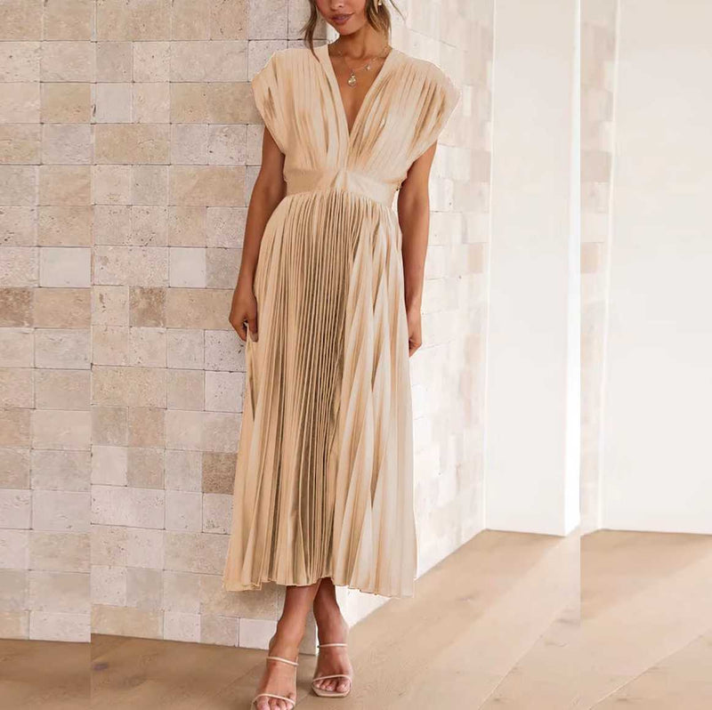 Vestido Maria Teodora - Plissado - Bege Champagne