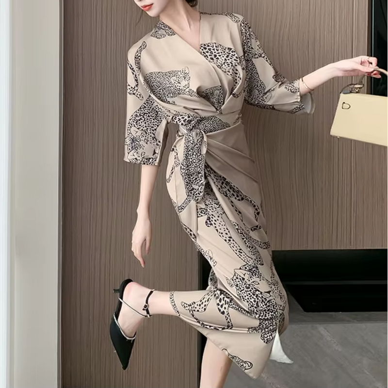 Vestido Maria Margareth - Onça - Bege