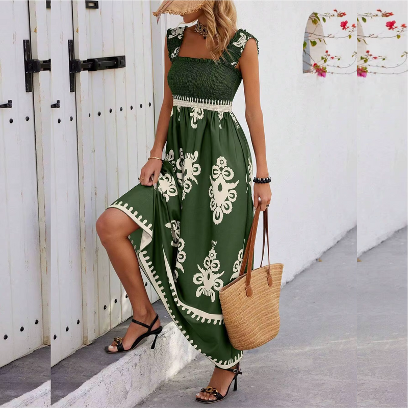 Vestido Maria Éden - Verde Militar (Off White) - Boho - Alças