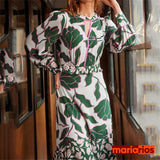 Vestido Maria Loíde - Verde e Rosa - Folhagens