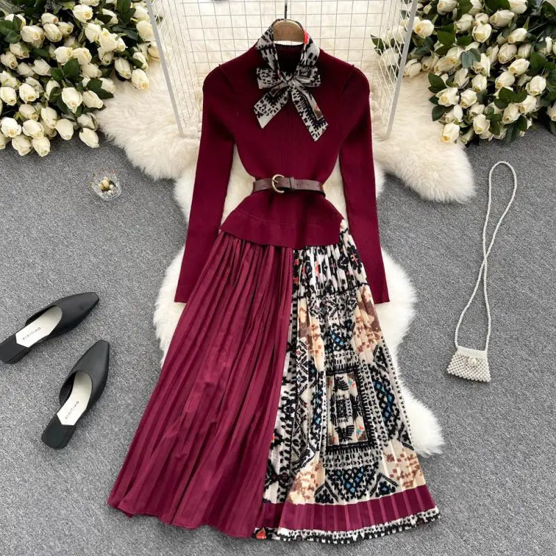 Vestido Maria Jones com Lenço - Marsala - Manga Longa - Plissado