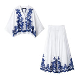 Conjunto Maria Aura - Bordado - Branco e Azul