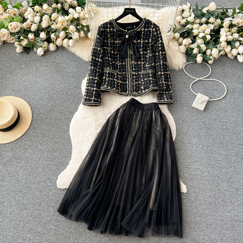 Conjunto Maria Lily Preto - Cardigan Tweed com Saia Tule