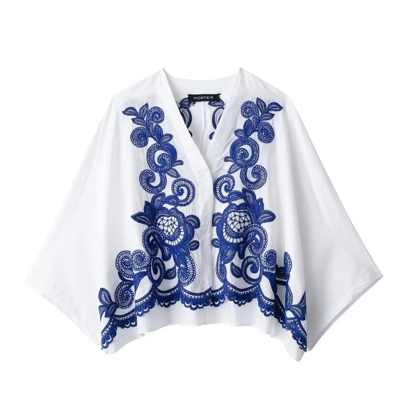 Conjunto Maria Aura - Bordado - Branco e Azul