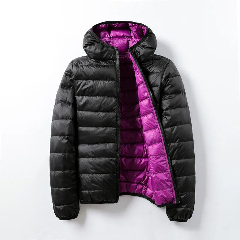 Jaqueta Maria Puffer Dupla Face - Preta e Roxa - Pena de Ganso