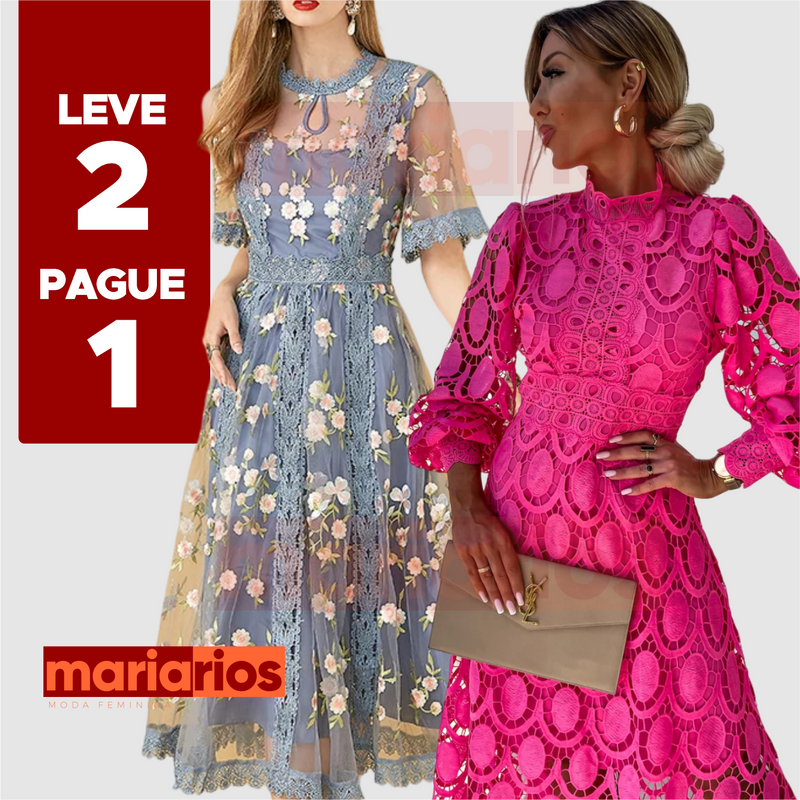 Vestido Maria Magnólia Manga Curta + Vestido Maria Dorcas Preto - LEVE 2 PAGUE 1
