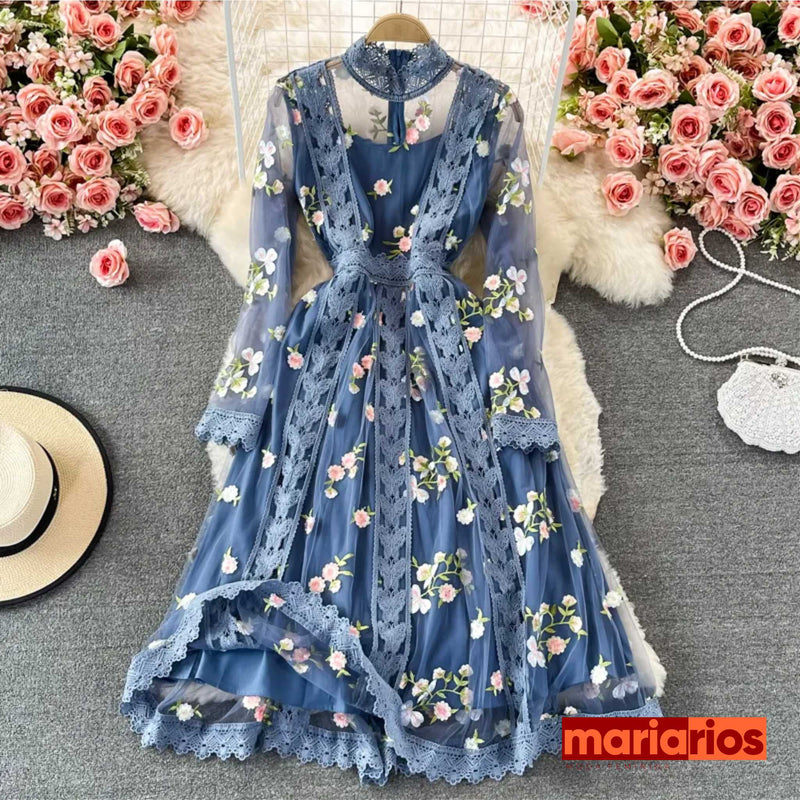 Vestido Maria Magnólia - Manga Longa - Bordado - Azul