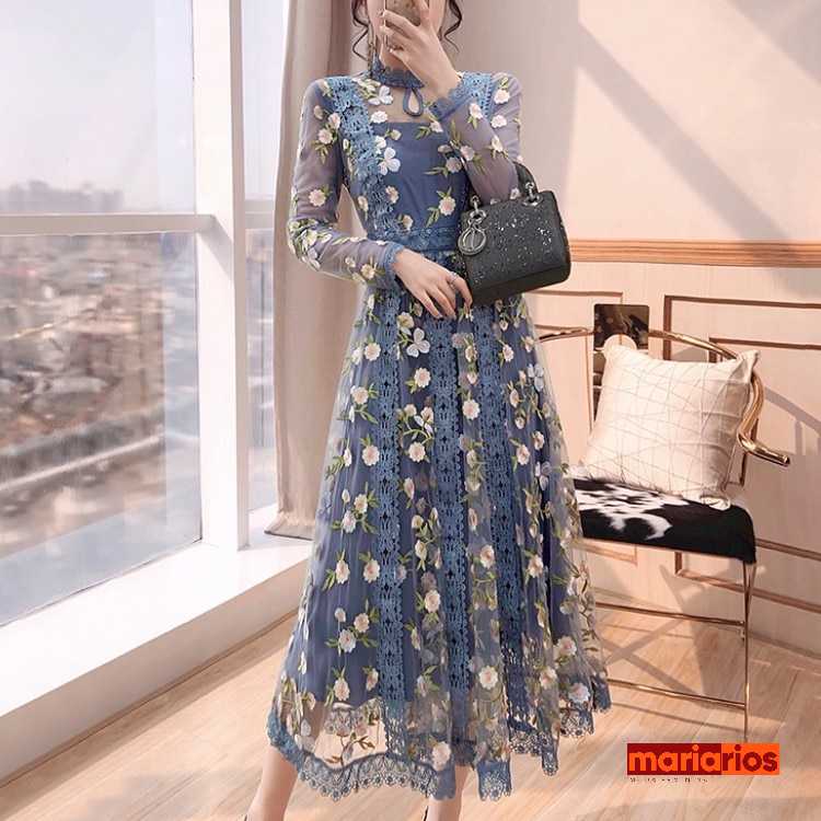 Vestido Maria Magnólia - Manga Longa - Bordado - Azul