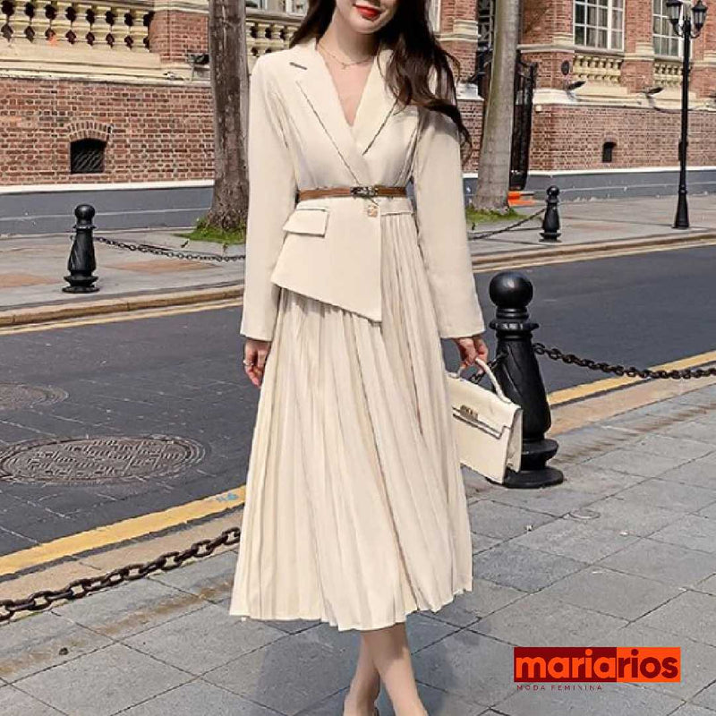 Vestido Blazer Maria Hermosa - Plissado Assimétrico Alfaiataria - Off White