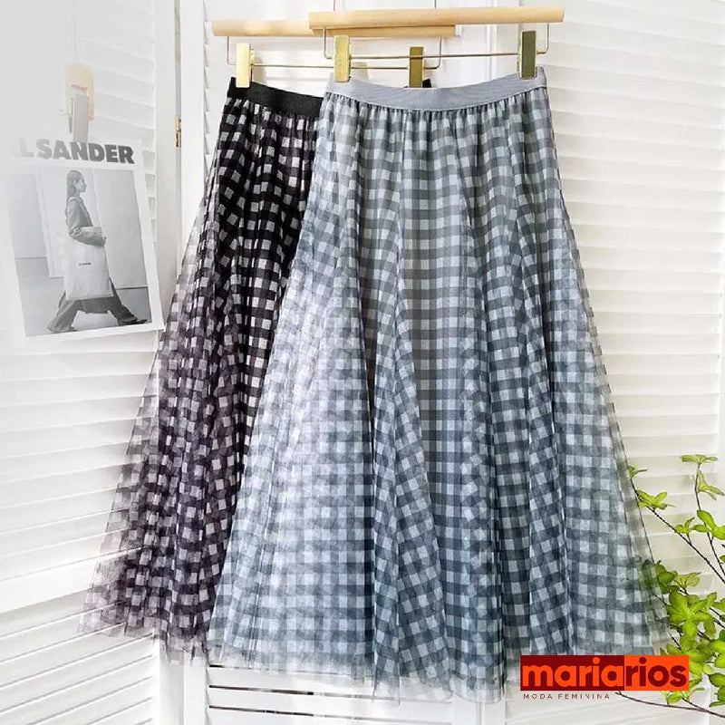 Saia Maria Filipa - Azul - Tule Xadrez