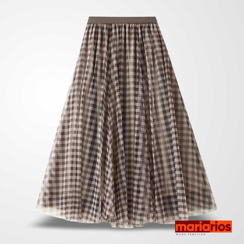 Saia Maria Filipa - Marrom - Tule Xadrez