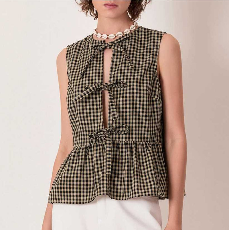 Blusa Laços Colete - Xadrez Vichy - Marrom