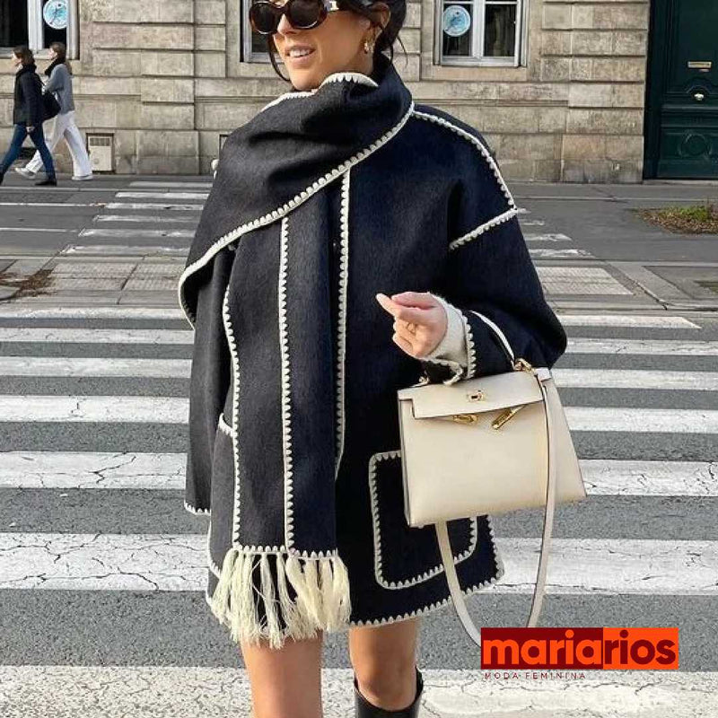 Casaco Maria Penélope com Cachecol - Lã Batida - Preto