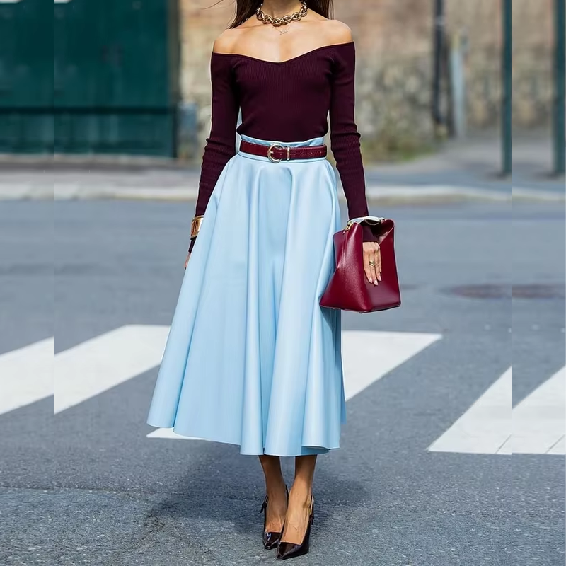 Conjunto Maria Durand - Marsala e Azul Claro com Cinto