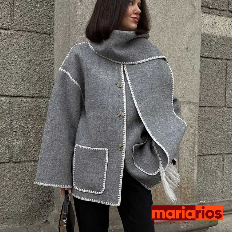 Casaco Maria Penélope com Cachecol - Lã Batida - Cinza