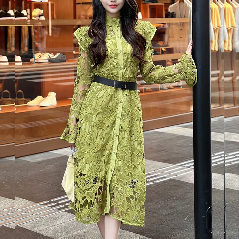 Vestido Maria Cardoso - Renda Guipir - Verde Militar