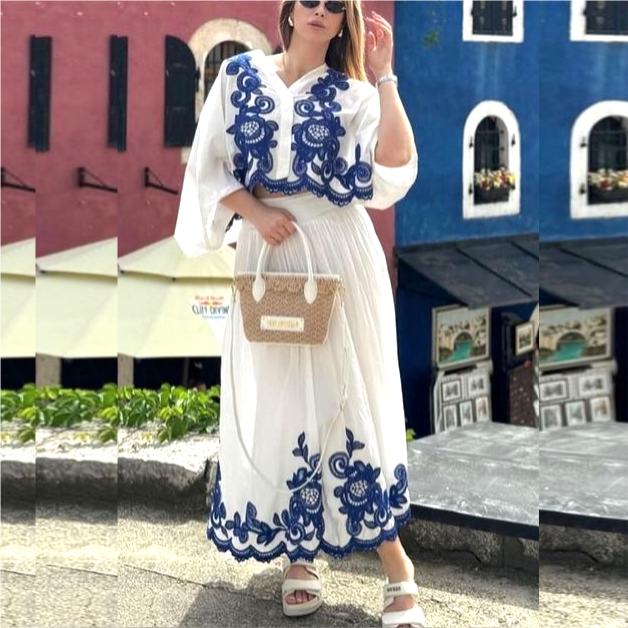 Conjunto Maria Aura - Bordado - Branco e Azul