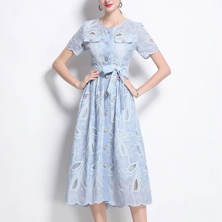 Vestido Maria Rodrigues - Azul Claro - Bordado