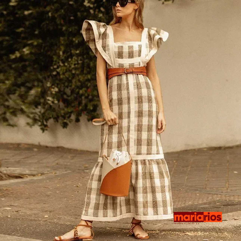 Vestido Maria Calina - Xadrez - Bege