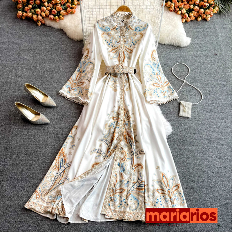 Vestido Maria Gabriela - Branco e Dourado