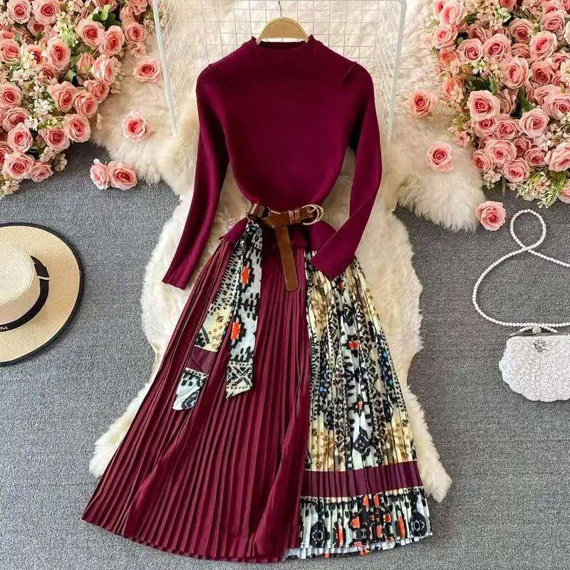 Vestido Maria Jones com Lenço - Marsala - Manga Longa - Plissado