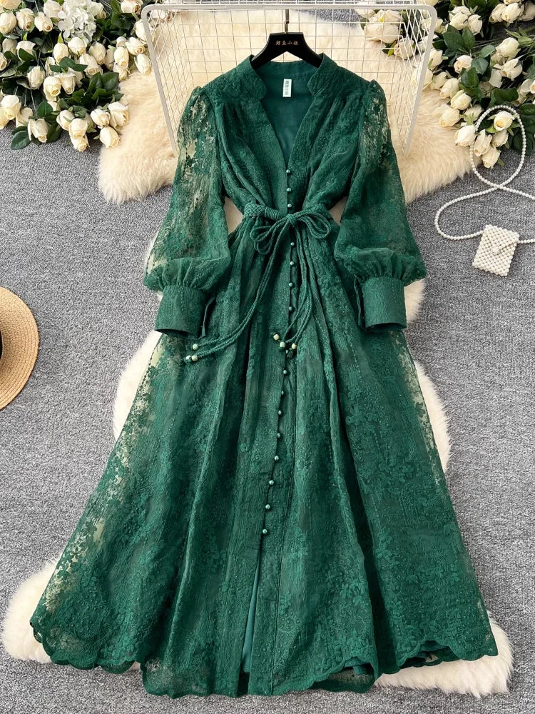 Vestido Maria Brunet - Renda Guipir - Verde Escuro