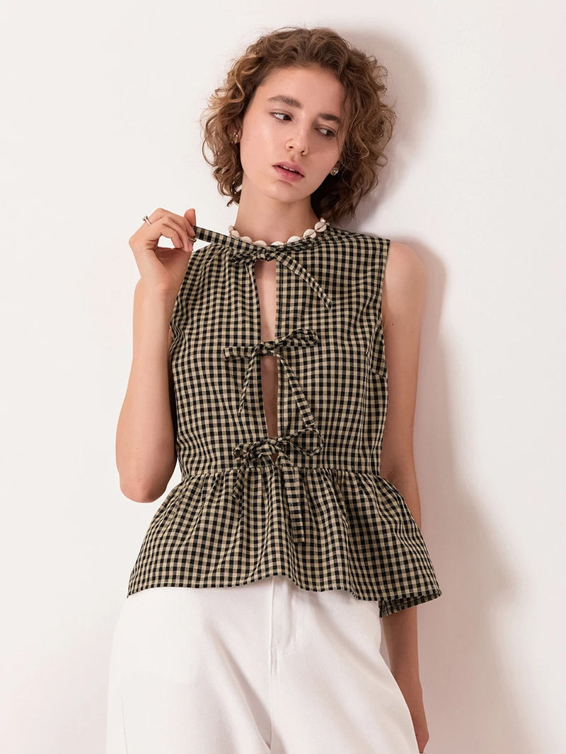 Blusa Laços Colete - Xadrez Vichy - Marrom