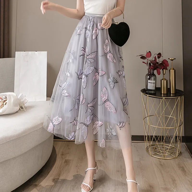 Saia Midi Maria Libélula - Rosa - Cinza