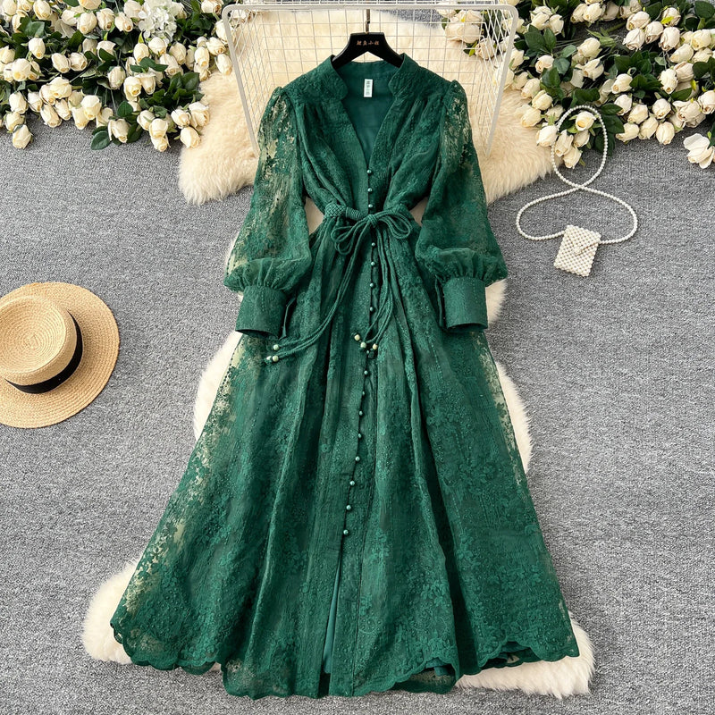 Vestido Maria Brunet - Renda Guipir - Verde Escuro