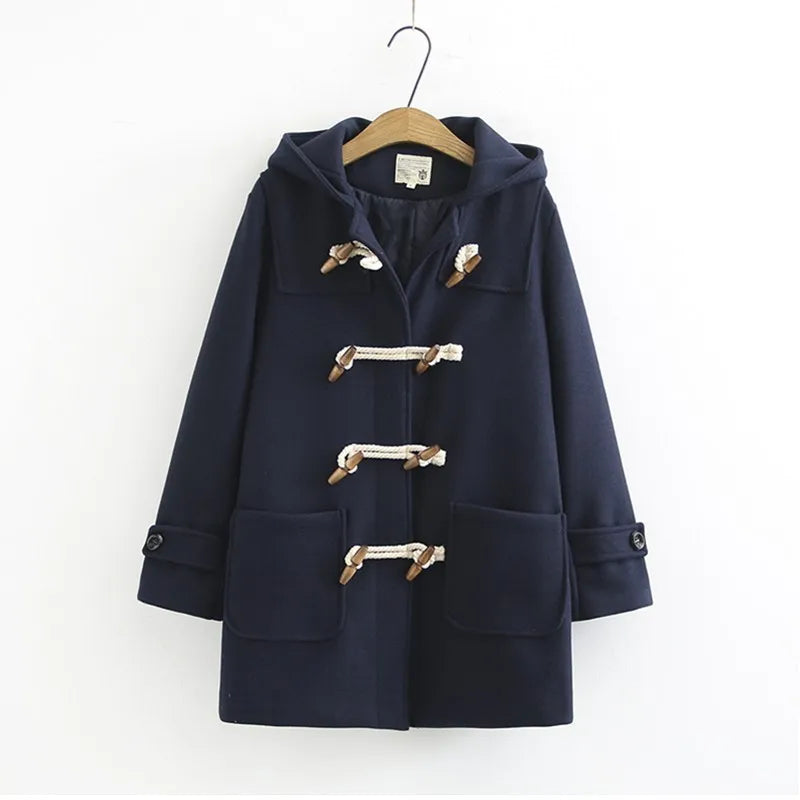 Casaco Maria Monty com Touca - Duffle Coat - Lã Batida - Cinza