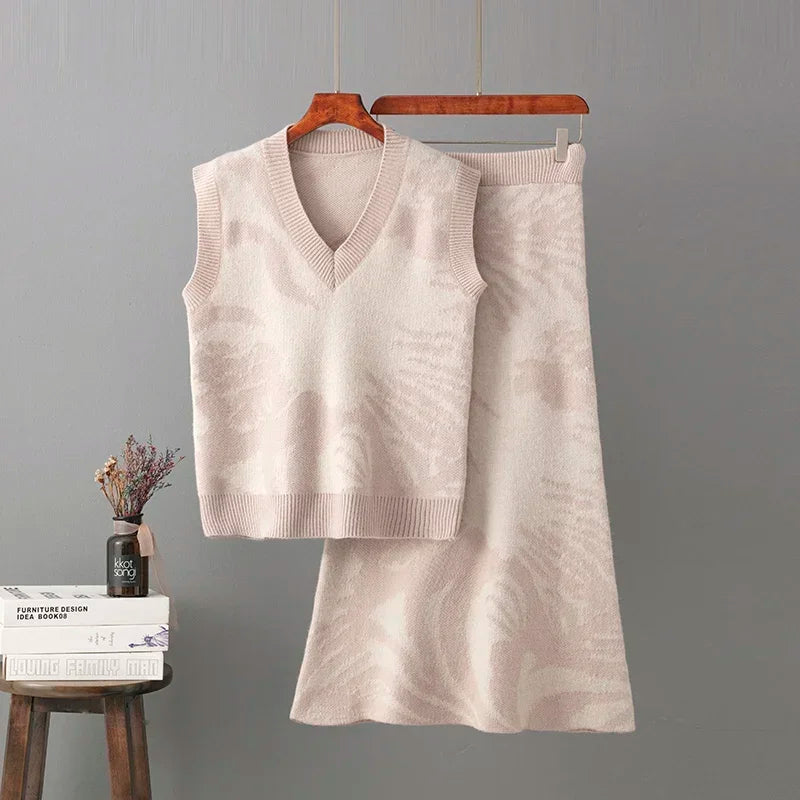 Conjunto Tricot Maria Savanah - Colete e Saia - Bege