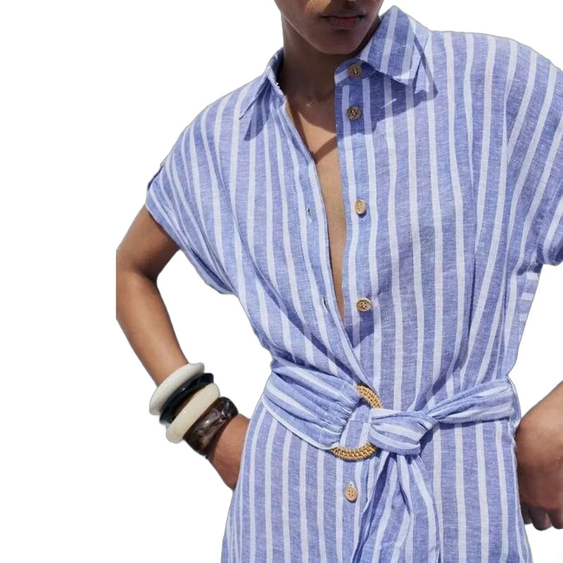 Vestido Listrado Maria Olina - Azul Claro - Linho