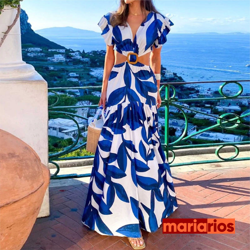 Vestido Maria Lorena - Azul Folhagens