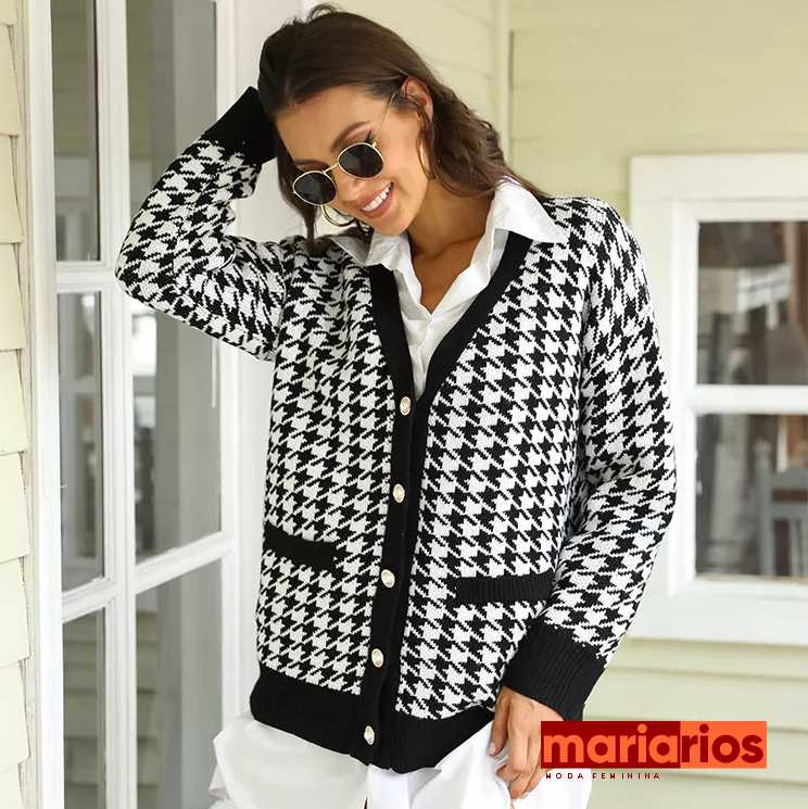 Cardigan Xadrez Maria Isadora - Preto e Branco